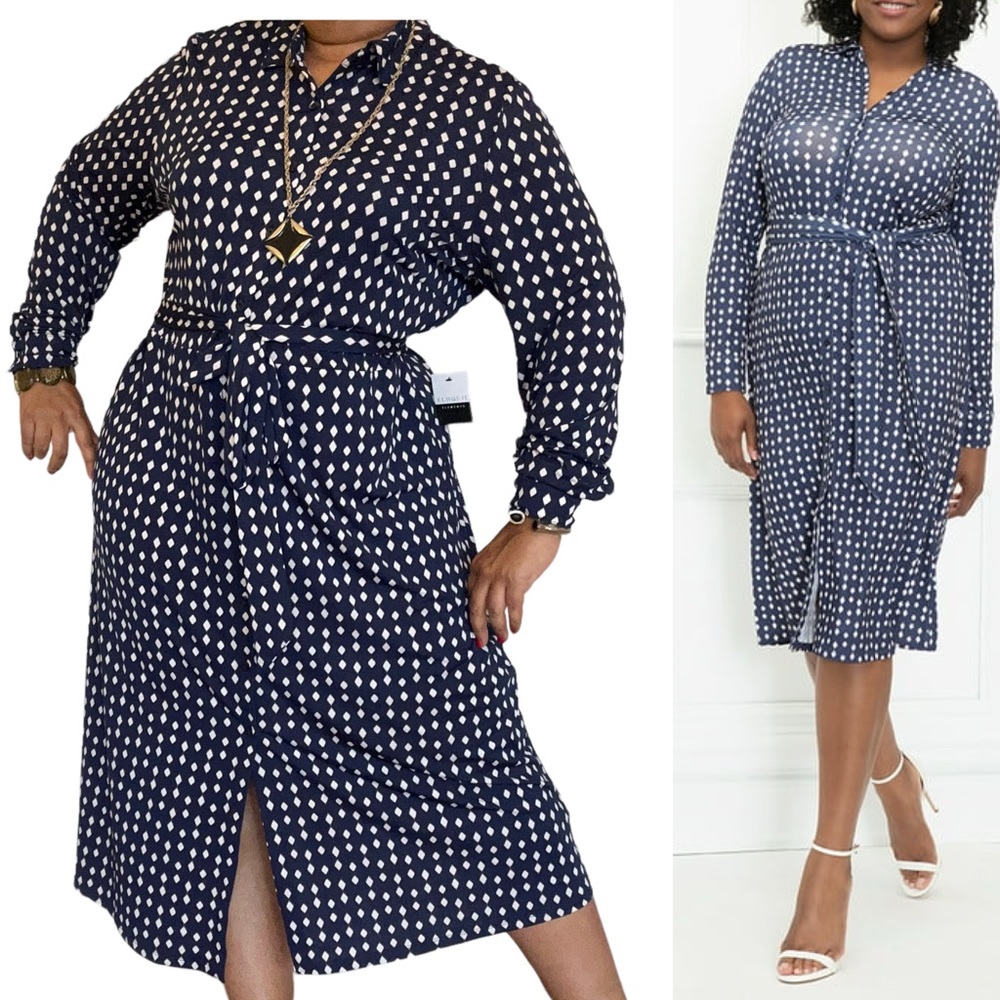 ELOQUII Elements Women's Plus Size Diamond Print Midi Tie Waist Shirt Dress - Picture 1 of 12